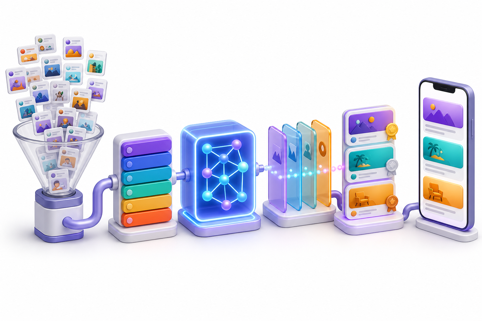 Pipeline visual do For You: funil de candidatos, barras de features, cubo de ranking e filtros até o feed