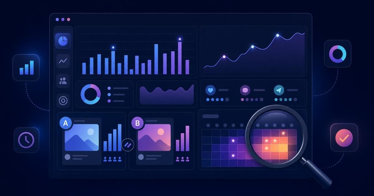 Ilustração representando analytics e testes de horários para redes sociais