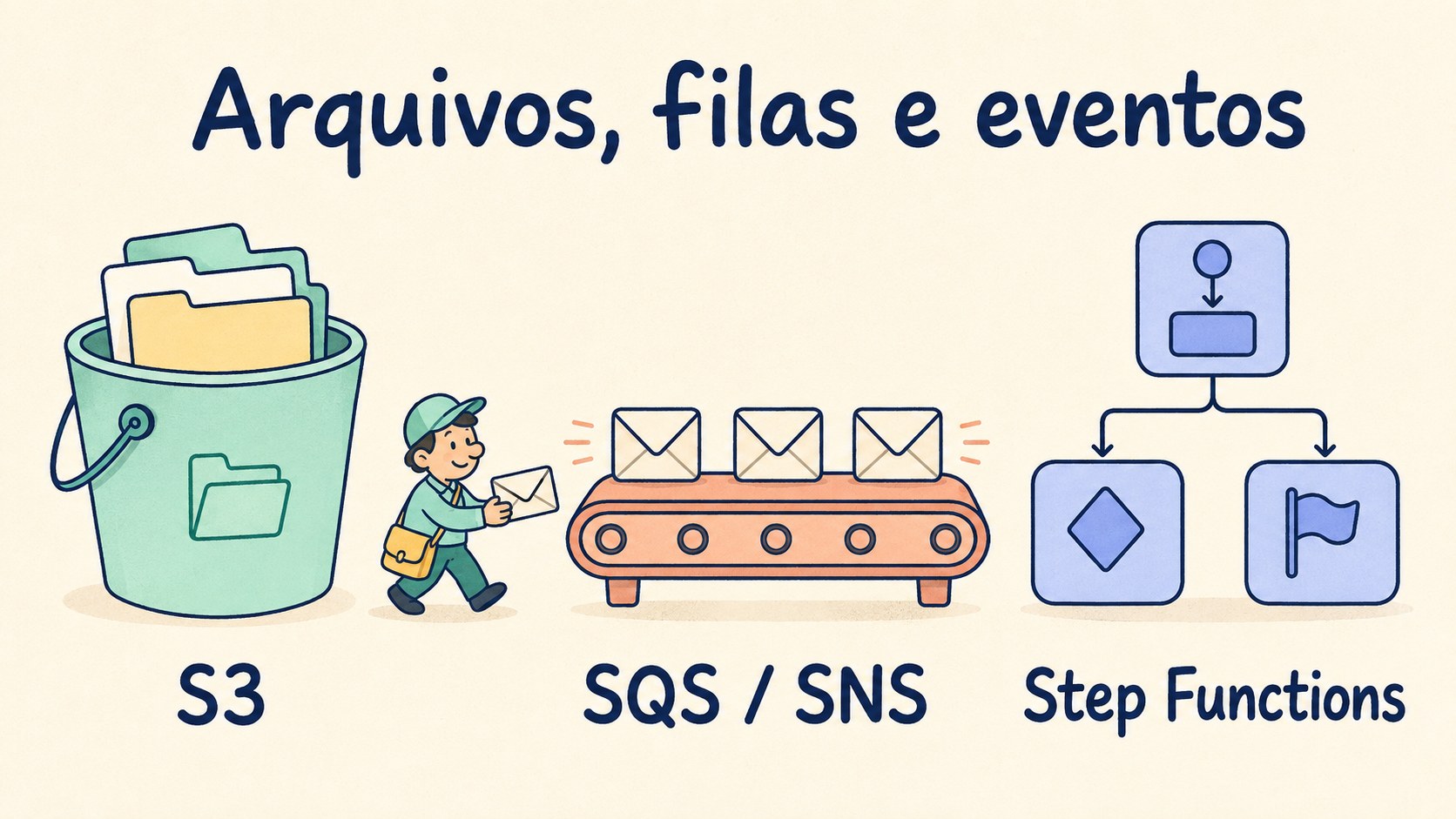 S3, SQS, SNS e Step Functions representados em desenho cartoon por arquivos, envelopes e estados de um workflow