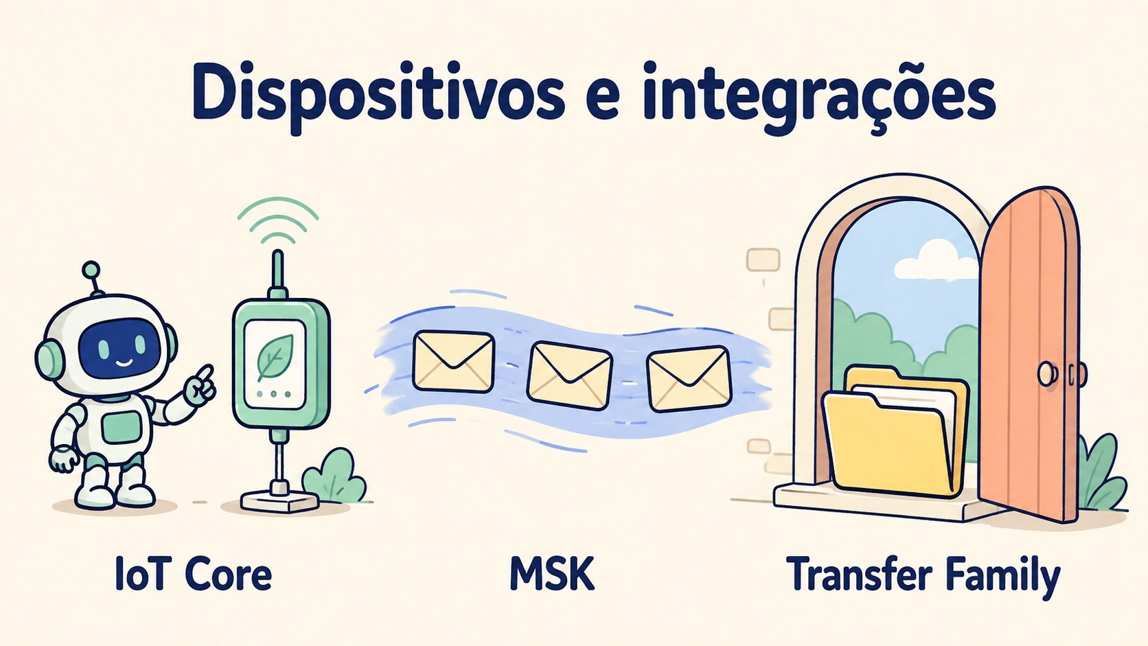 Desenho cartoon de sensor IoT Core, mensagens MSK e transferência de arquivos
