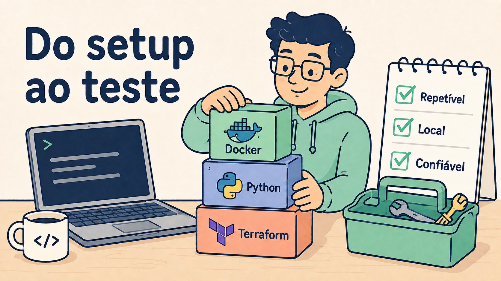 Desenho cartoon de um desenvolvedor organizando Docker, Python e Terraform para testes locais