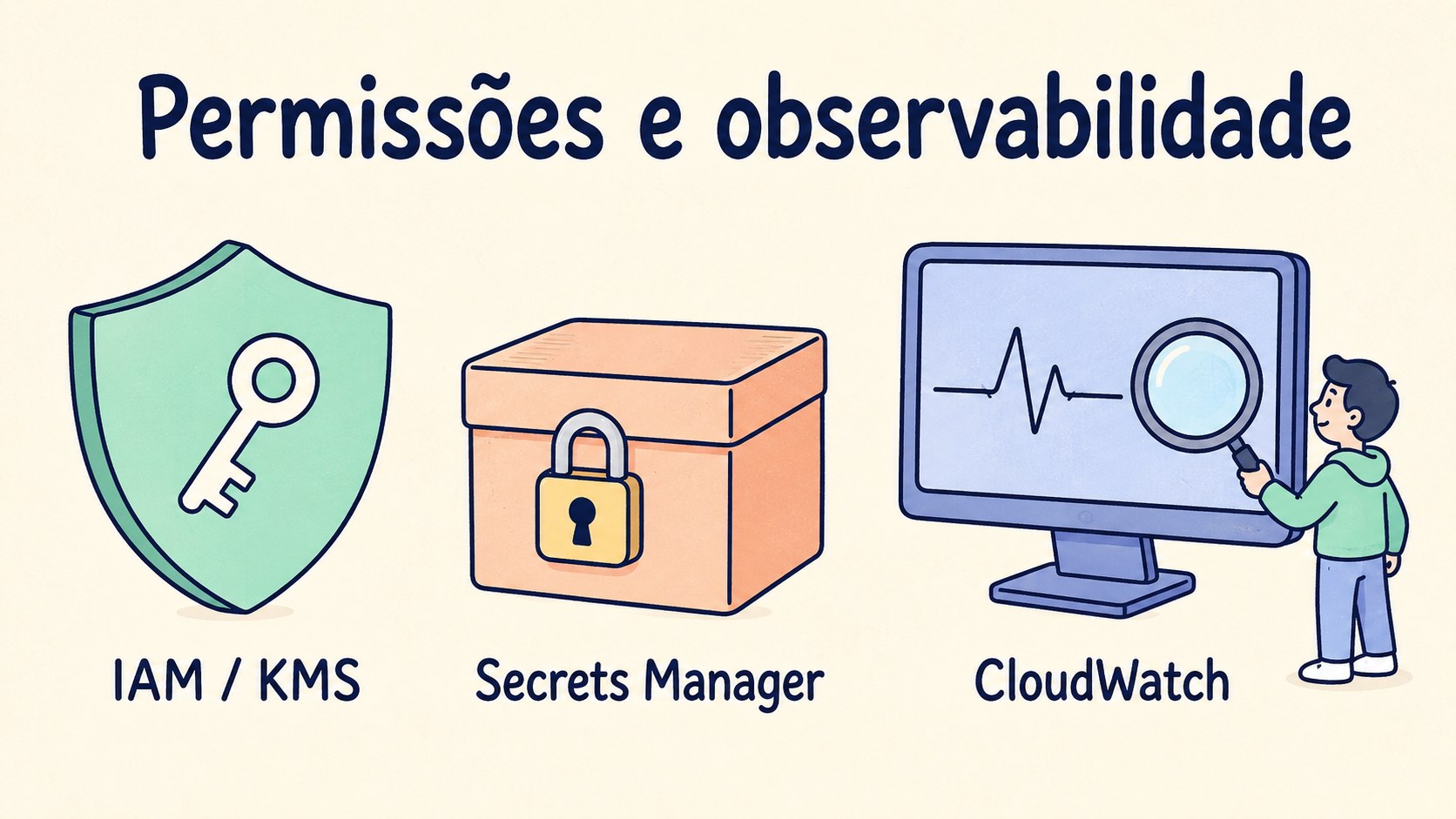 Desenho cartoon de IAM e KMS, Secrets Manager e CloudWatch com escudo, caixa e monitor