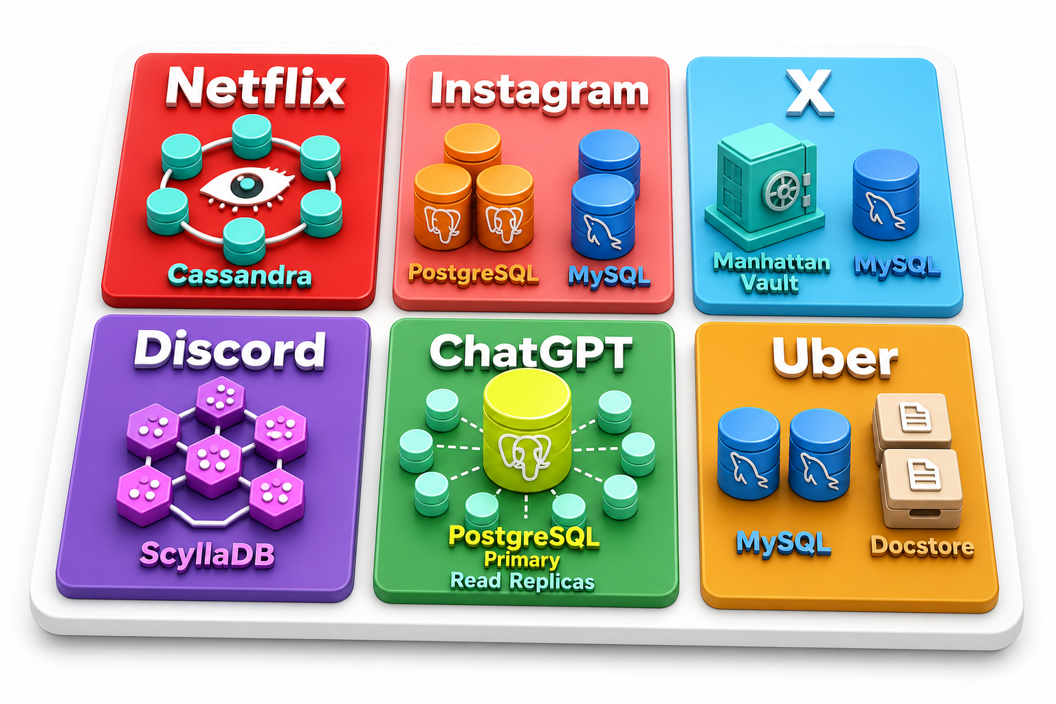 Mapa das empresas e dos bancos operacionais: Netflix com Cassandra, Instagram com PostgreSQL e MySQL, X com Manhattan, Discord com ScyllaDB, ChatGPT com PostgreSQL e Uber com MySQL