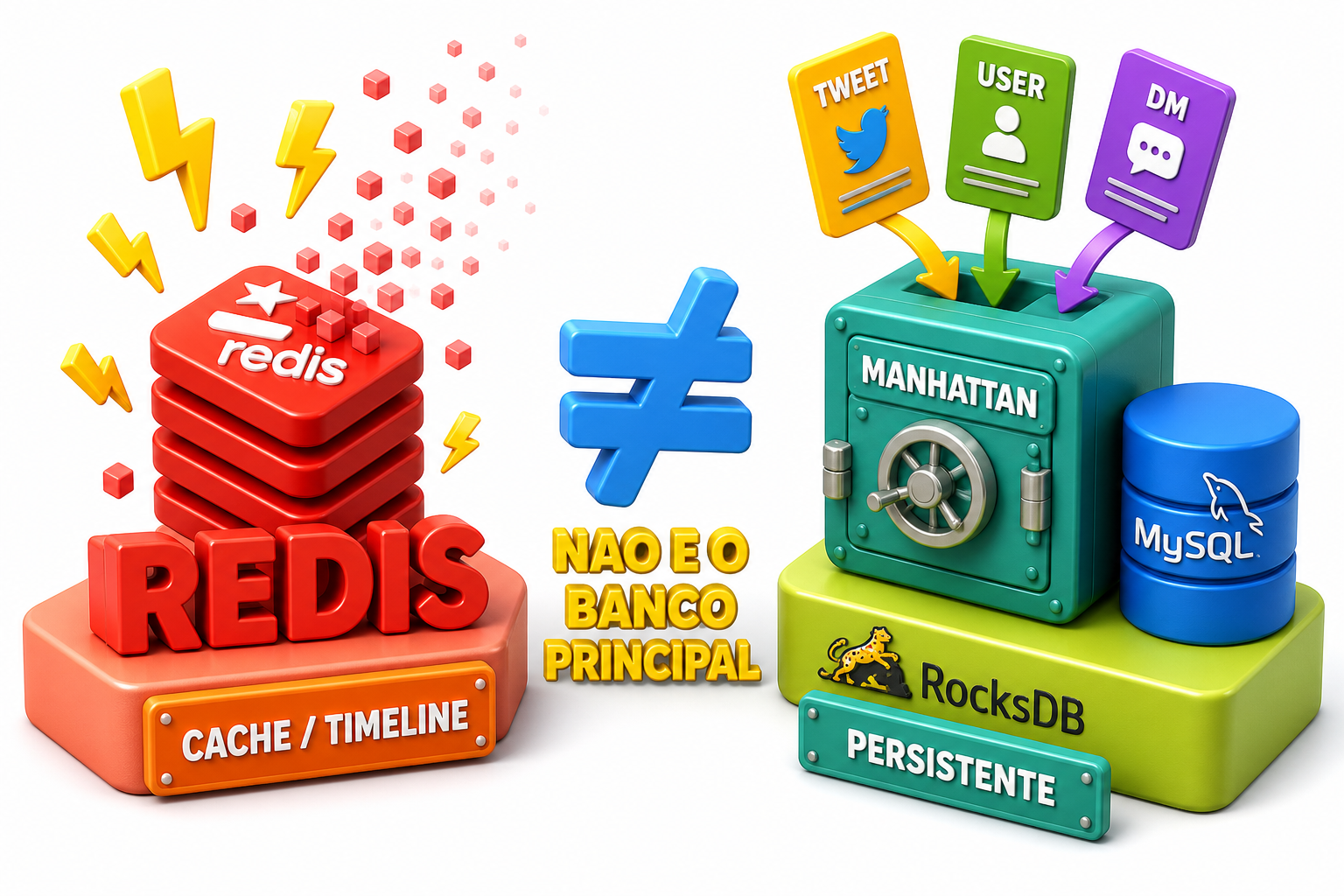Redis como camada de cache e timeline à esquerda, Manhattan com RocksDB e MySQL como persistência principal do X à direita
