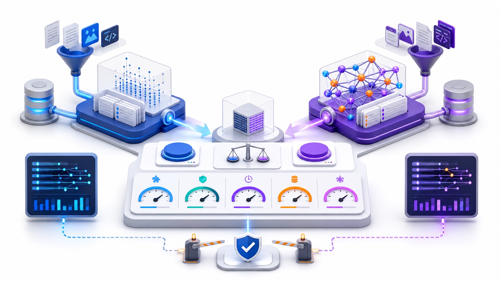 RAG e Graph RAG sendo comparados por completude, fundamentação, latência, custo e segurança