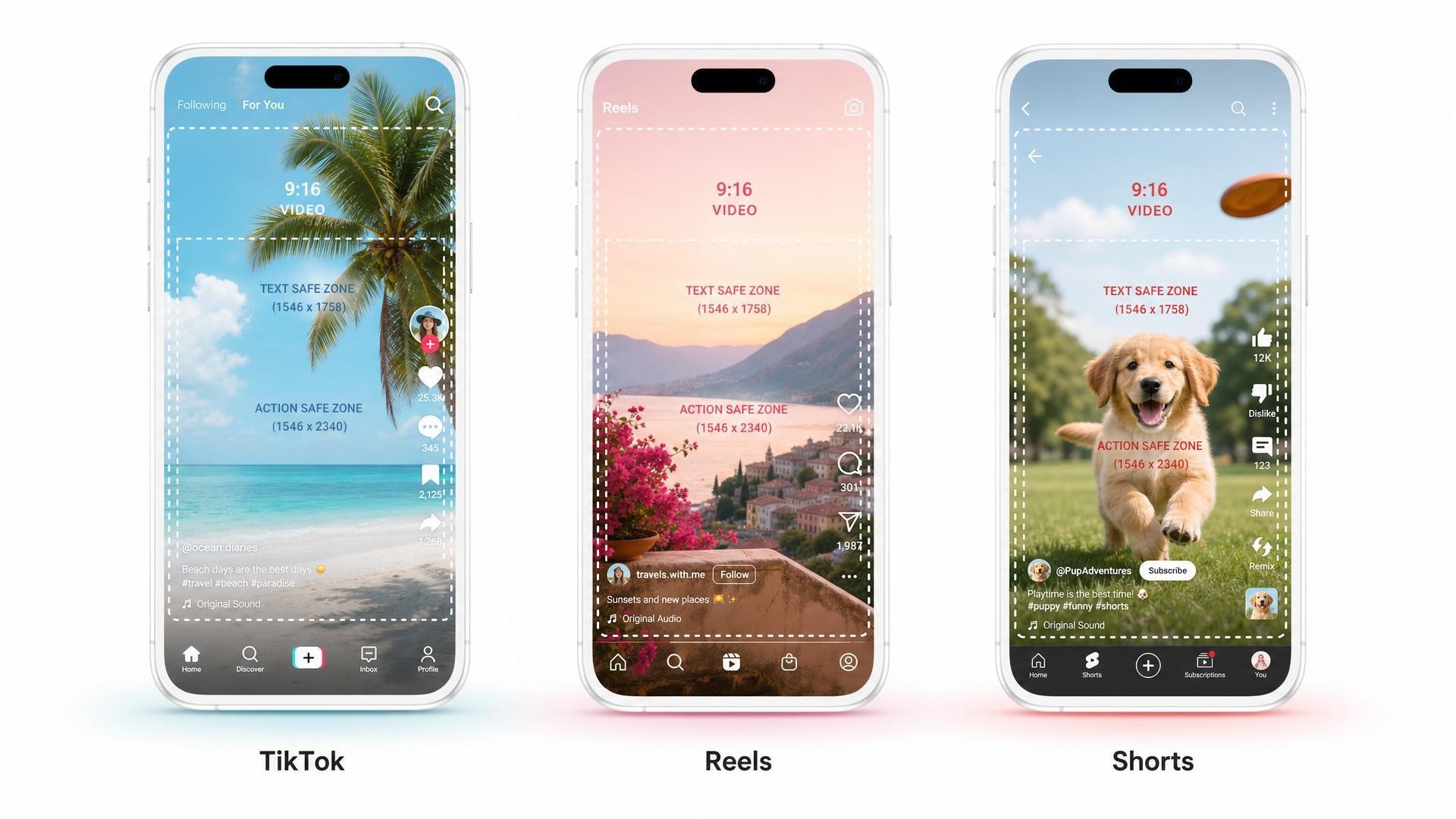 Formato 9:16 e safe zones de TikTok, Reels e Shorts, com nota sobre fonte nativa