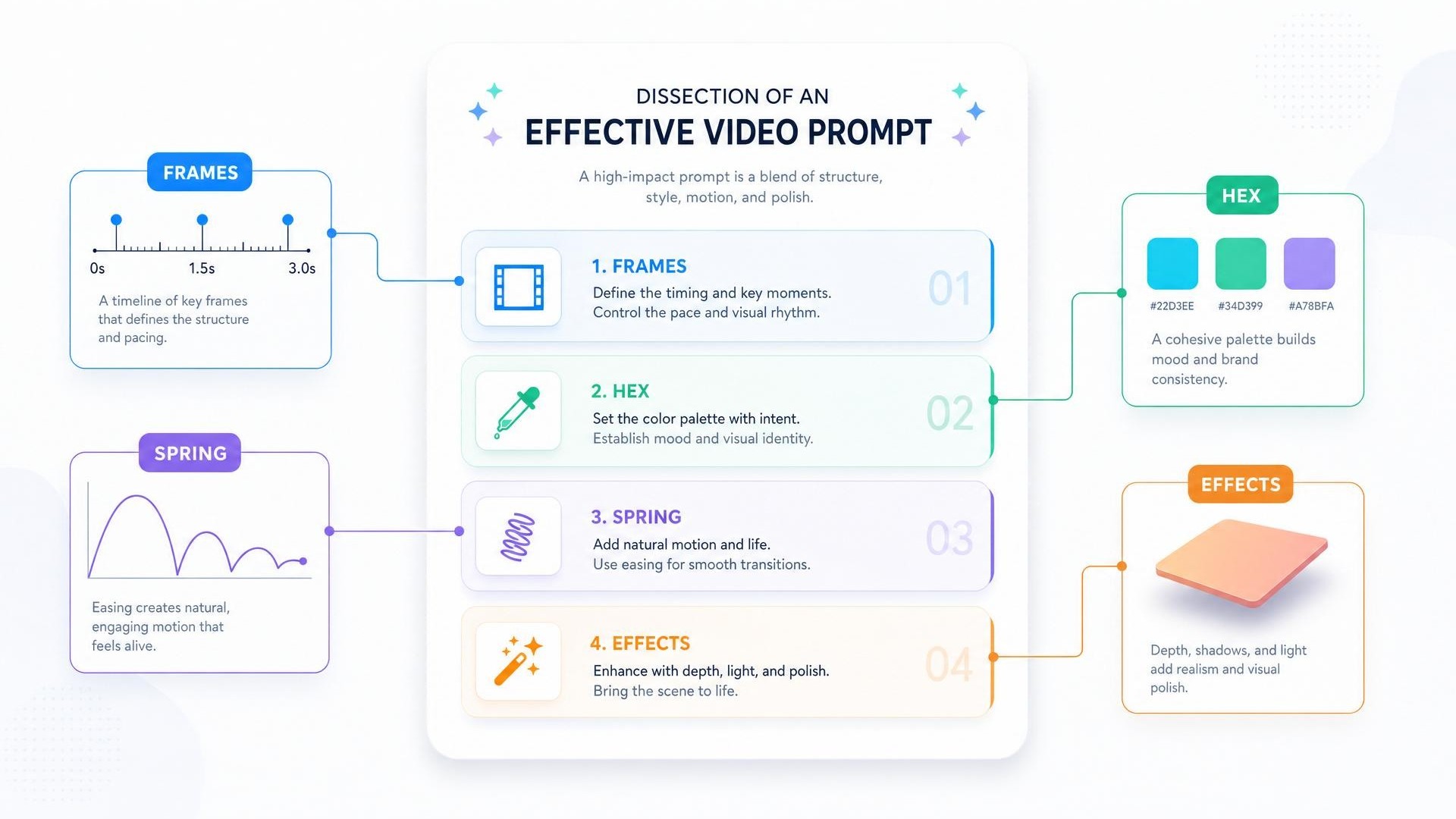 Anatomia de um prompt de vídeo: timing em frames, cores em hex, física de spring e efeitos como implementação