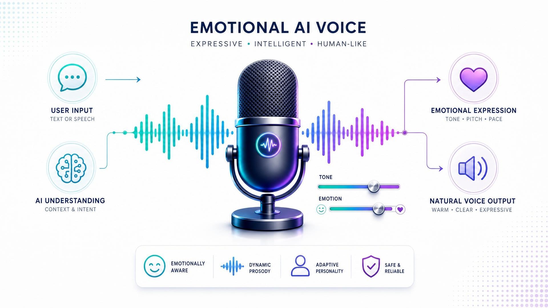 Microfone com forma de onda e controles, representando voz de IA expressiva