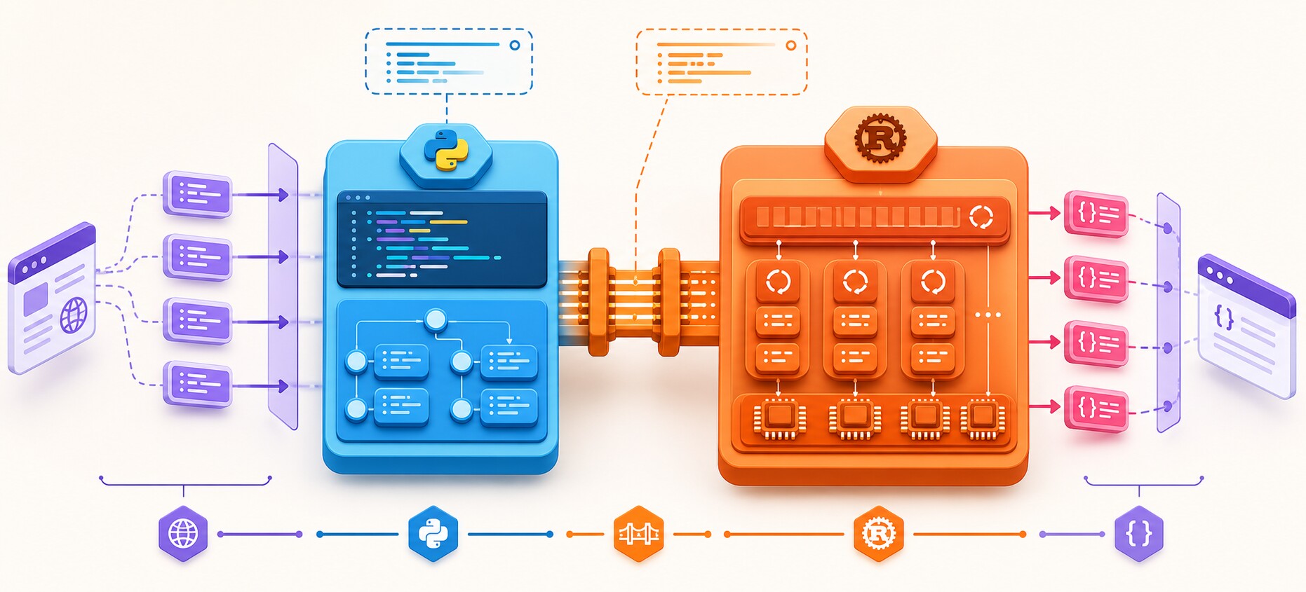 Arquitetura em camadas mostrando requisições passando do código Python para o runtime Rust e retornando respostas