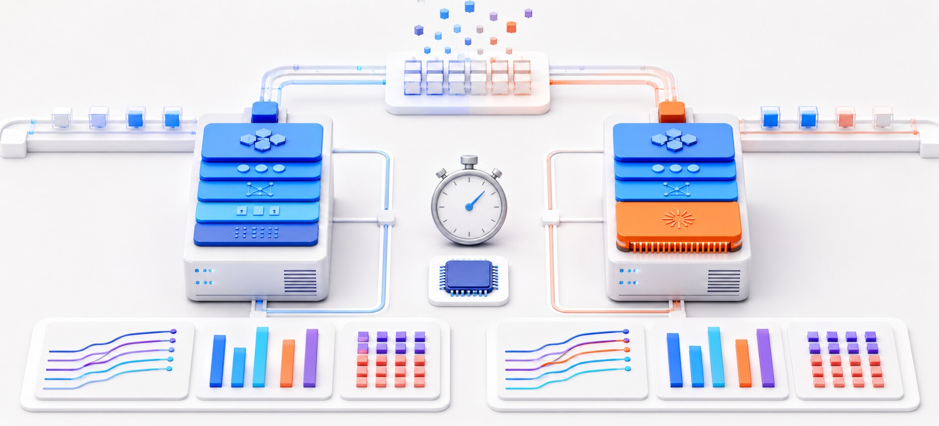 Dois pipelines de servidor recebendo a mesma carga e produzindo métricas de throughput e latência