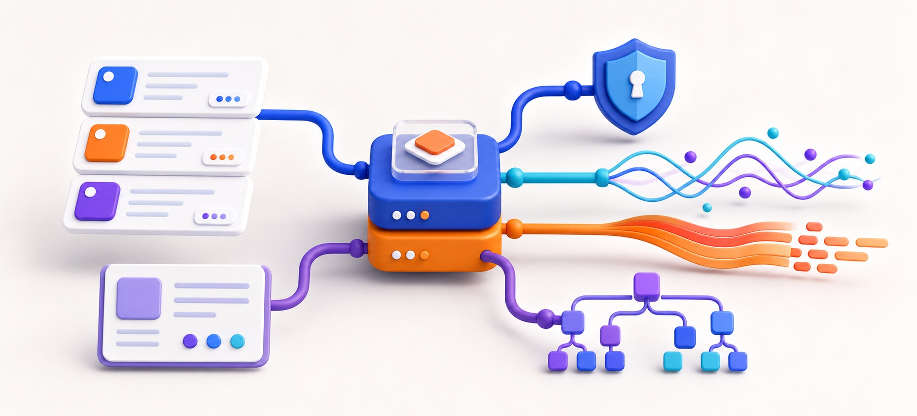 Gateway de API conectado a validação, autenticação, streaming, tempo real e roteadores