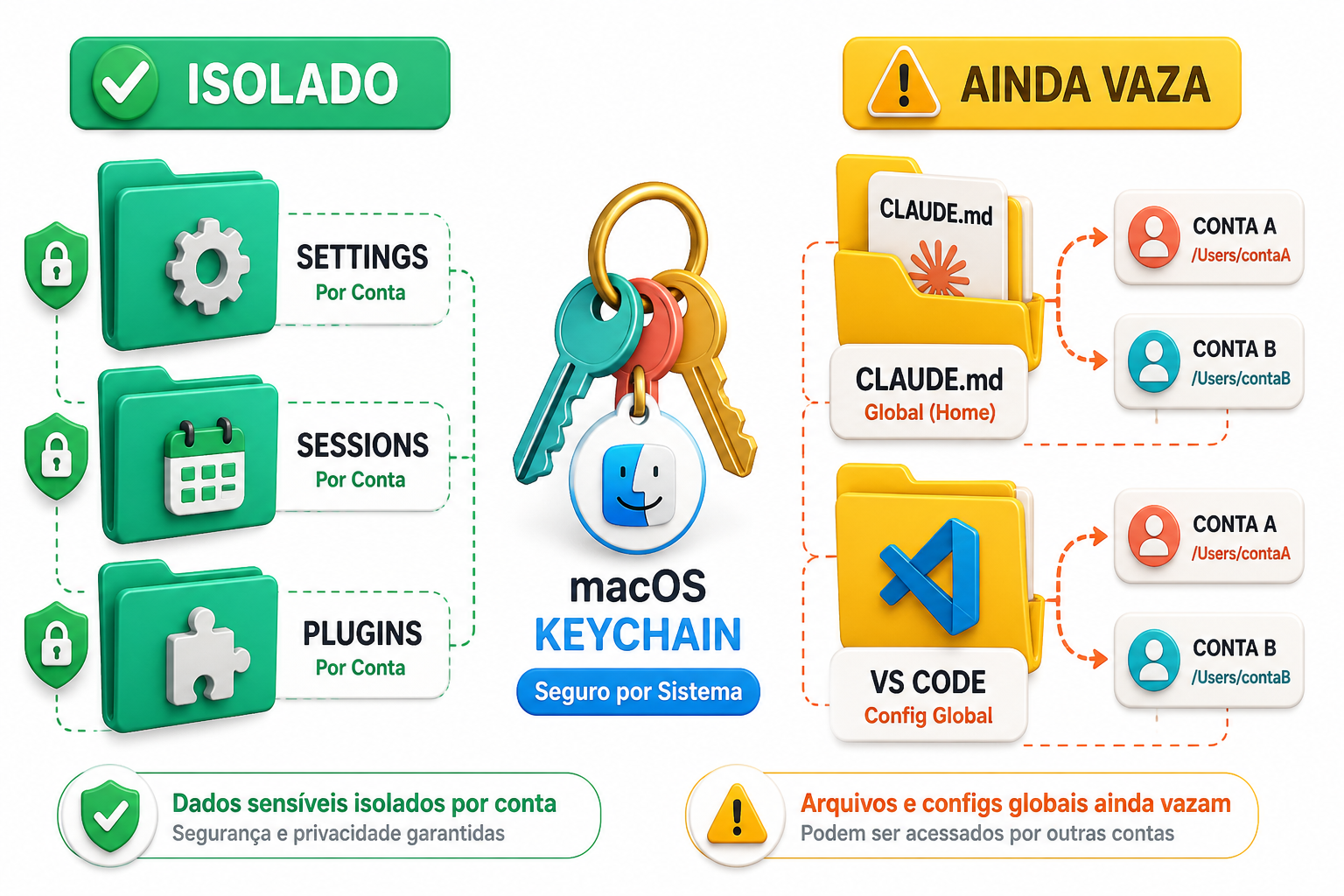 O que CLAUDE_CONFIG_DIR isola de verdade (settings, sessões, plugins) e o que ainda pode vazar (CLAUDE.md ancestral e extensão do VS Code)