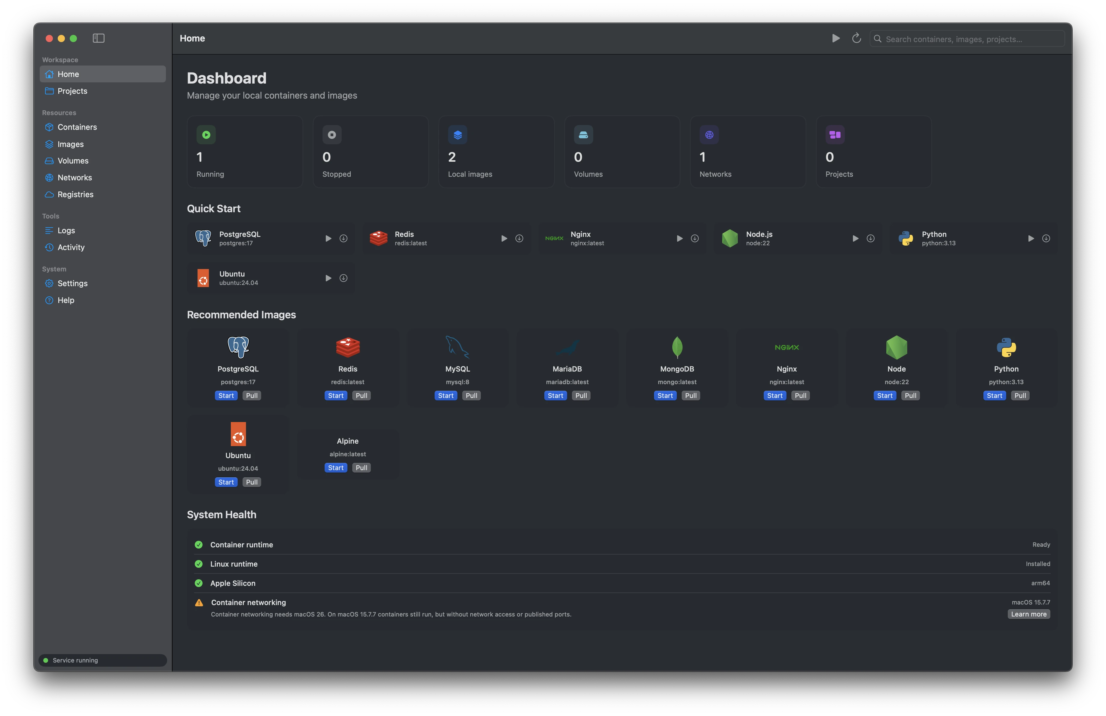 iContainer running containers on macOS — native interface with live status and logs